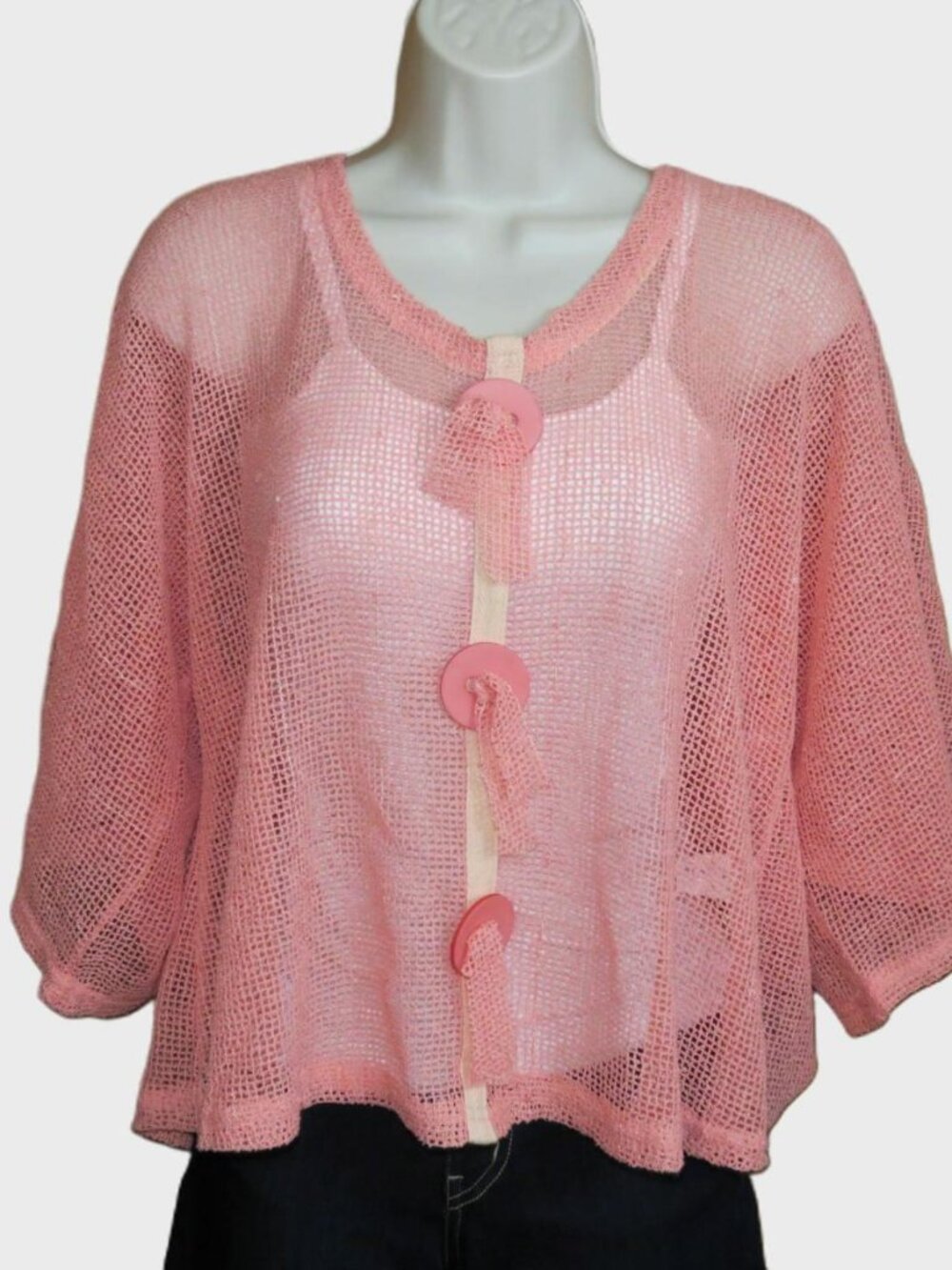 Noelle Peach Top Soft Mesh Accent Buttons Short Sleeve One Size
